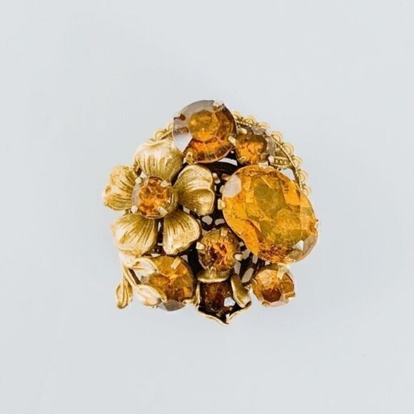 Vintage Jewelry - Vintage Yellow Amber Rhinestones Crystal Floral Brooch Pin Gold Tone